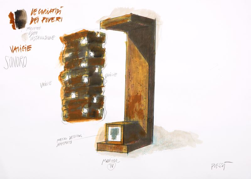 Fabrizio Plessi - Le Cariatidi dei poveri. Progetto video installazione, tecnica mista su carta