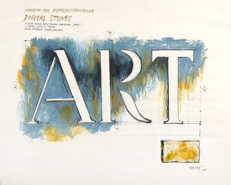 Fabrizio Plessi - Progetto per videoinstallazione 'Digital Stones', tecnica mista su carta, 2005
