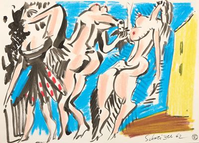 Figure femminili, pastelli e acquerello su carta