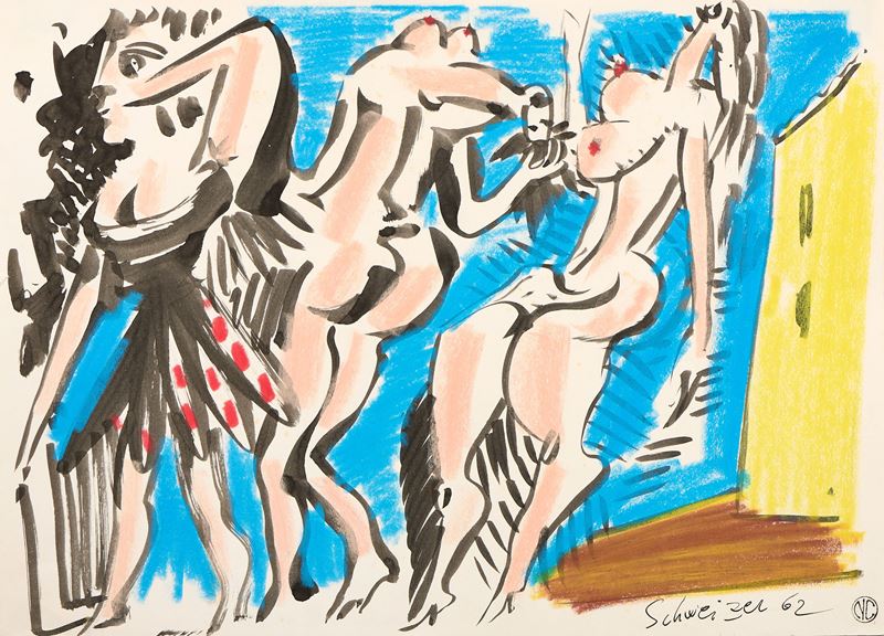 Riccardo Schweizer - Figure femminili, pastelli e acquerello su carta