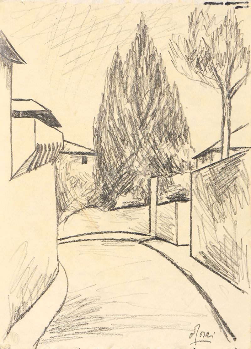 Ottone Rosai - Via San Leonardo, carboncino su carta
