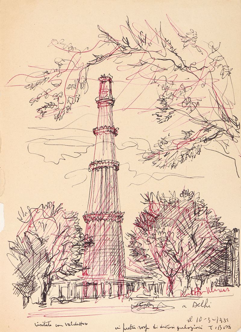 Tomaso Buzzi - Quṭab Minār, Delhi, inchiostro su carta