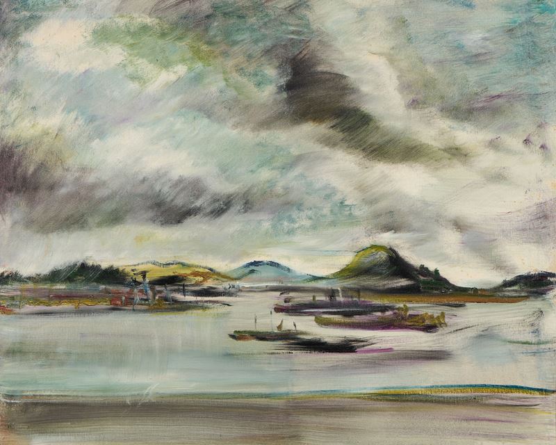 Tomaso Buzzi - Paesaggio con lago, olio su tela