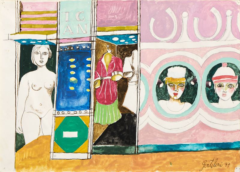Franco Gentilini - La Boutique di via Quattro Fontane («Vivien»), acquerello su carta