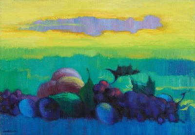 Frutta e donna nube nel tramonto, olio su tela