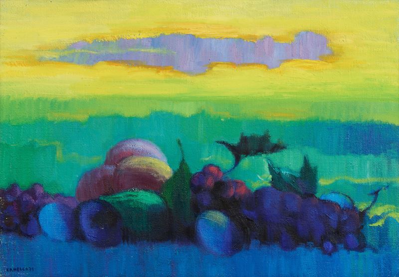 Silvio Zanella - Frutta e donna nube nel tramonto, olio su tela