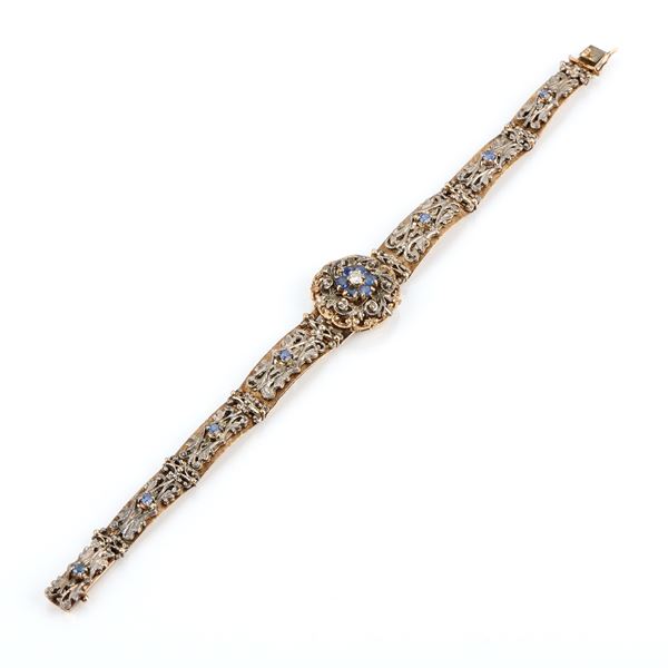 Bracciale in stile antico in oro giallo e argento con zaffiri e diamanti