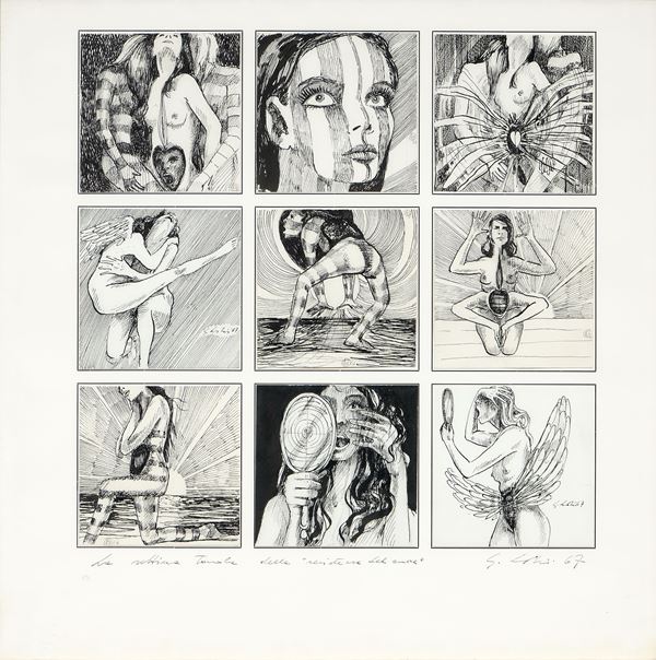 Ignoto del XX secolo : La settima tavola della "resistenza del cuore"  (1967)  - China e collage su cartoncino - Asta Parade - Arte Moderna, Contemporanea e Grafica - Casa d'aste Farsettiarte