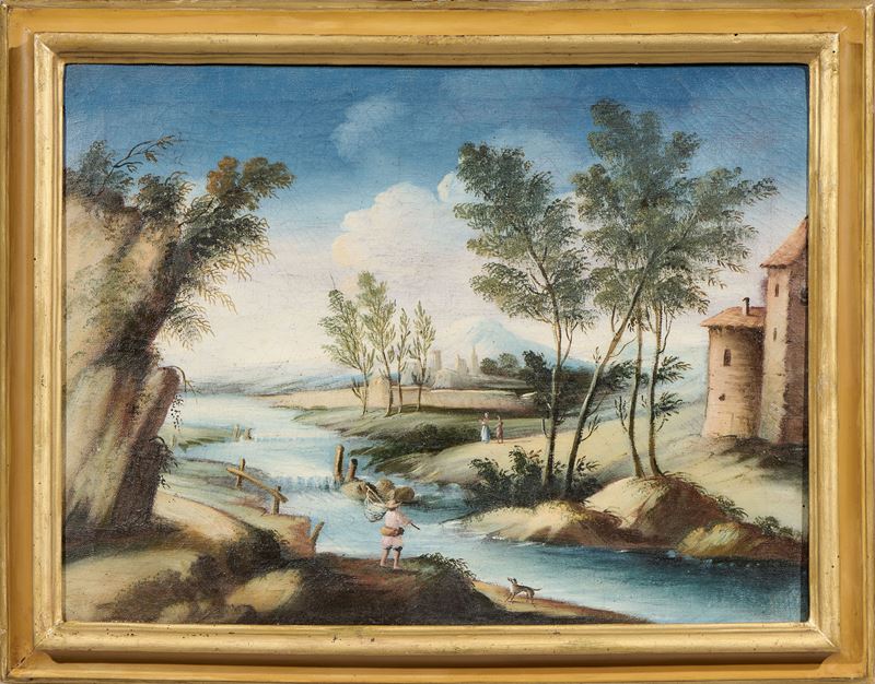 Due opere raffiguranti «Paesaggio fluviale con pellegrini»