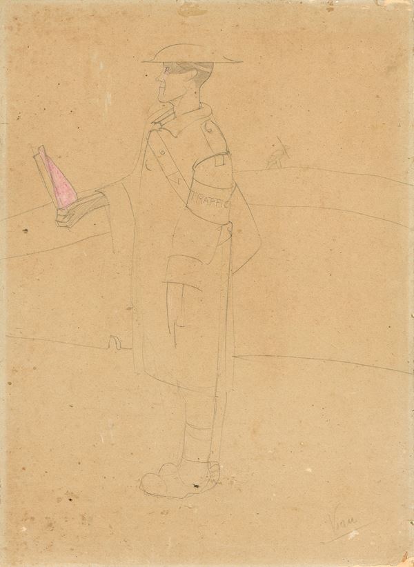 Lorenzo Viani : Militare (soldato inglese)  - Tecnica mista su carta applicata su cartoncino - Asta Dipinti, Disegni, Sculture e Grafica - Casa d'aste Farsettiarte
