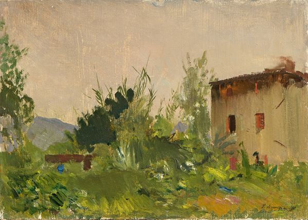 Pietro Annigoni : Paesaggio  (1965)  - Olio su cartoncino - Asta Dipinti, Disegni, Sculture e Grafica - Casa d'aste Farsettiarte