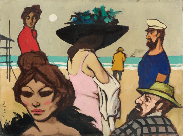 Fausto Maria Liberatore :  Figure sulla spiaggia  - Olio su tela - Asta Dipinti, Disegni, Sculture e Grafica - Casa d'aste Farsettiarte