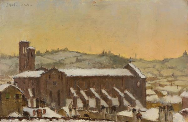 Bruno Saetti : San Francesco sotto la neve  (1926)  - Olio su tavola - Asta Dipinti, Disegni, Sculture e Grafica - Casa d'aste Farsettiarte