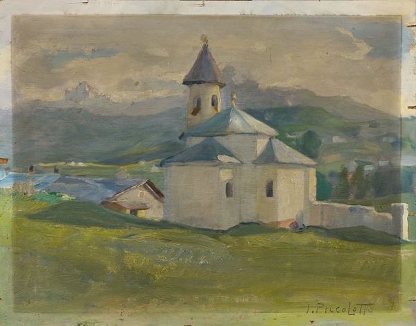 Toni Piccolotto : Paesaggio con chiesa  - Olio su tavola - Asta Dipinti, Disegni, Sculture e Grafica - Casa d'aste Farsettiarte