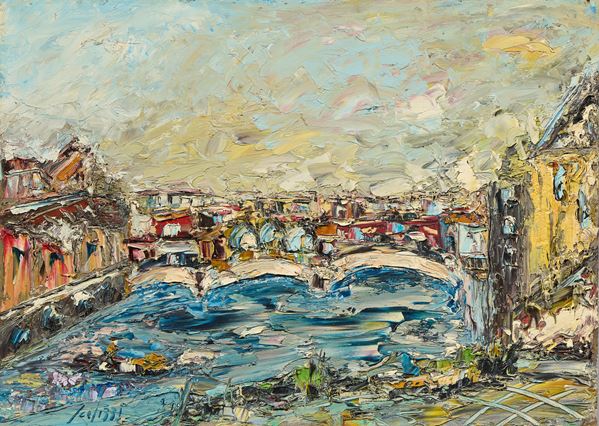 Sergio Scatizzi : Veduta dell'Arno  - Olio su cartone - Asta Dipinti, Disegni, Sculture e Grafica - Casa d'aste Farsettiarte