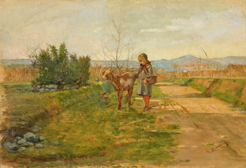 Paesaggio con bimba e capretta