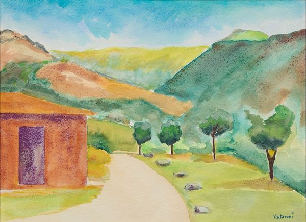 Roberto Venturoni : Paesaggio  - Acquerello su carta - Asta Dipinti, Disegni, Sculture e Grafica - Casa d'aste Farsettiarte