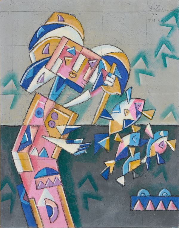 Ibrahim Kodra : La pesca  (1974)  - Tecnica mista su cartone - Asta Dipinti, Disegni, Sculture e Grafica - Casa d'aste Farsettiarte