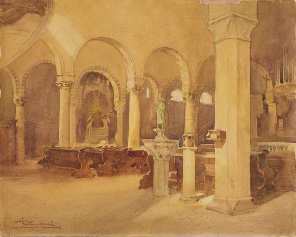 Ernesto Giuliano Armani : Interno di chiesa  - Acquerello e matita su carta applicata su cartone - Asta Dipinti, Disegni, Sculture e Grafica - Casa d'aste Farsettiarte