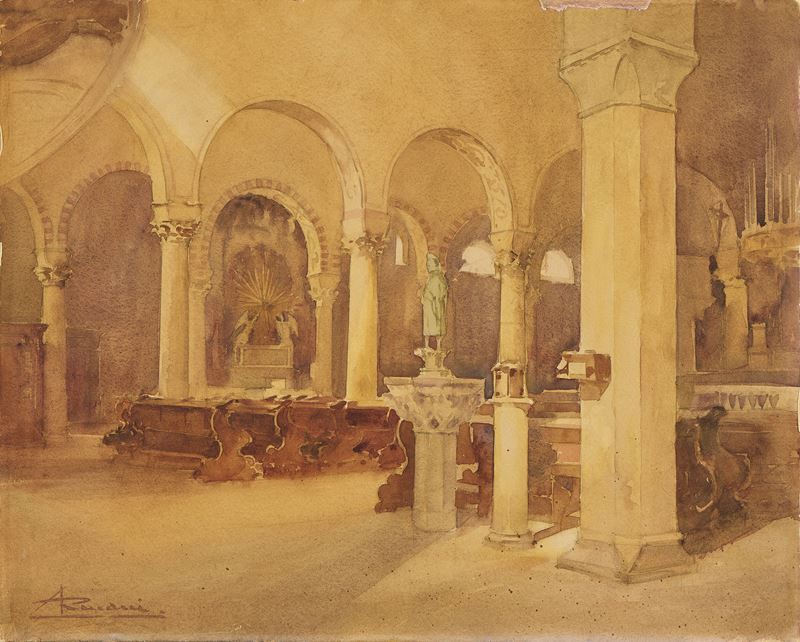 Ernesto Giuliano Armani - Interno di chiesa, acquerello e matita su carta applicata su cartone