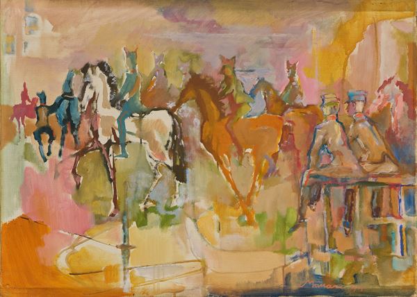 Mino Maccari : Il maneggio  (1954)  - Olio su tela - Asta Dipinti, Disegni, Sculture e Grafica - Casa d'aste Farsettiarte