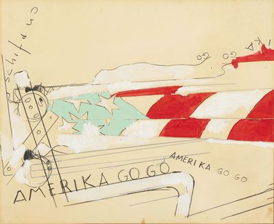 Amerika Go Go - Smalto e grafite su carta applicata su tela