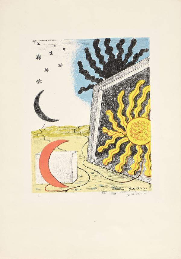 Giorgio de Chirico : Luna e sole in una piazza  (1968)  - Litografia a colori, es. 28/90 - Auction Paintings, Drawings, Sculpures and Multiples - Casa d'aste Farsettiarte