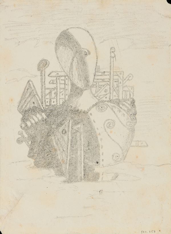 Giorgio de Chirico : Il Trovatore errante  ((1971))  - Matita litografica su carta da riporto - Auction Paintings, Drawings, Sculpures and Multiples - Casa d'aste Farsettiarte
