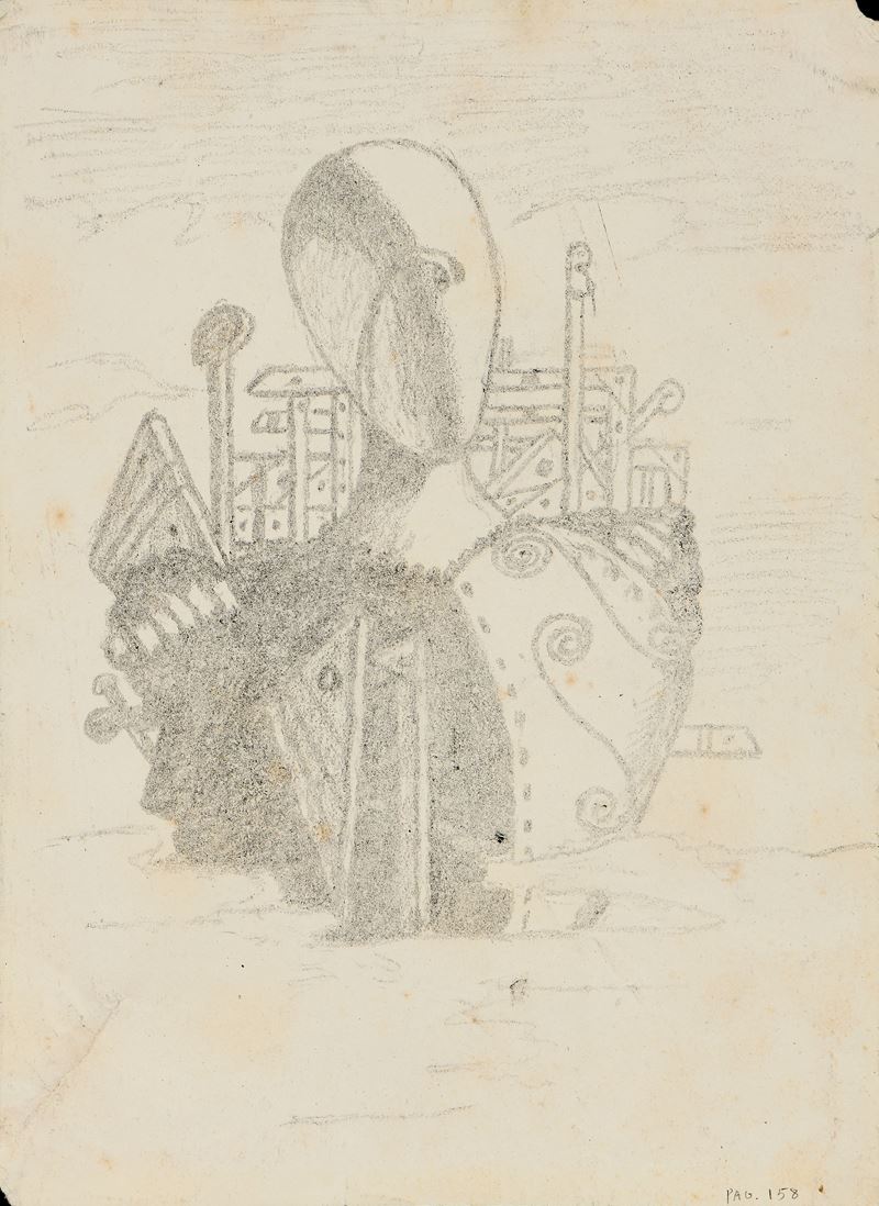 Giorgio De Chirico - Il Trovatore errante, matita litografica su carta, 1971