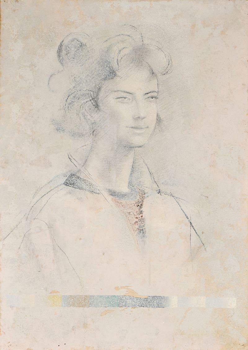Carlo Guarienti - Ritratto di donna, tecnica mista su carta applicata su tela (1989)