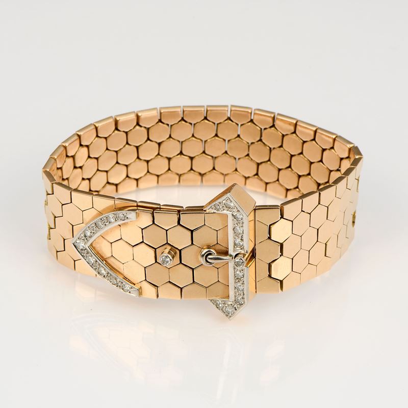 Bracciale a fascia larga con maglie a nido d'ape in oro e diamanti