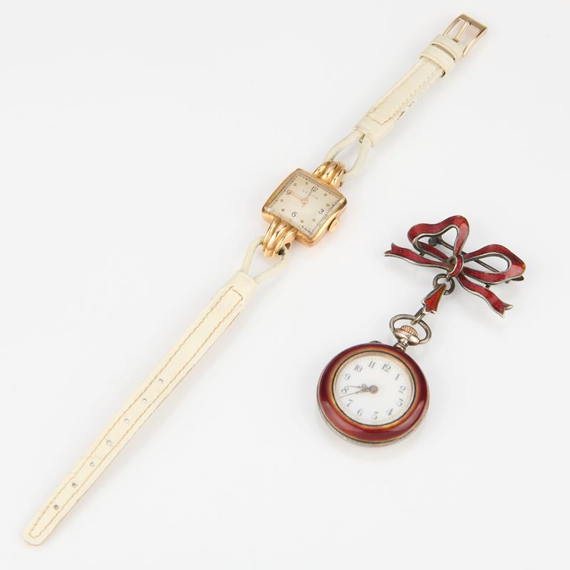 Orologi Zenith e spilla a fiocco in argento e smalti, anni Quaranta
