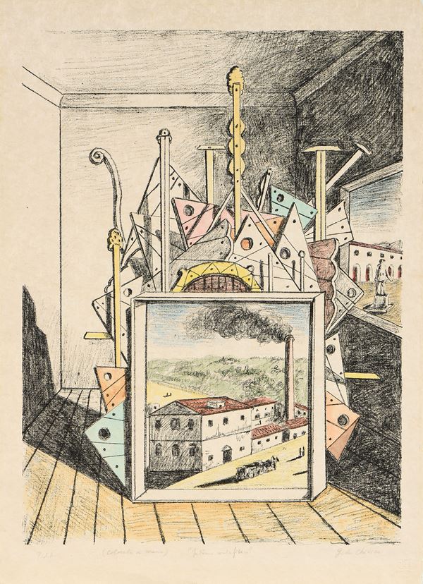 Giorgio de Chirico : Interno metafisico  (1969)  - Litografia a sette colori, es. P.d.A. - Asta Dipinti, Disegni, Sculture e Grafica - Casa d'aste Farsettiarte