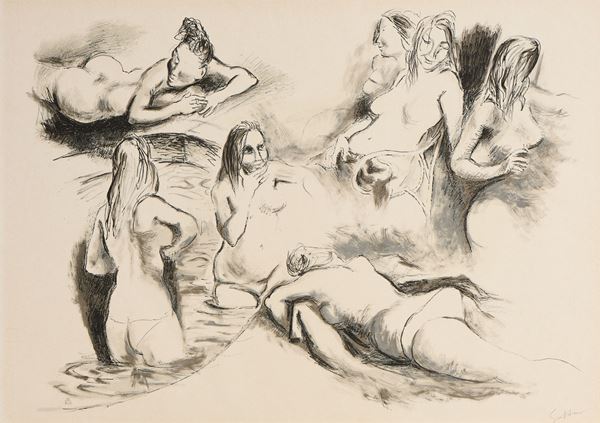 Renato Guttuso : Bagnanti  - Litografia, es. 11/100 - Asta Dipinti, Disegni, Sculture e Grafica - Casa d'aste Farsettiarte