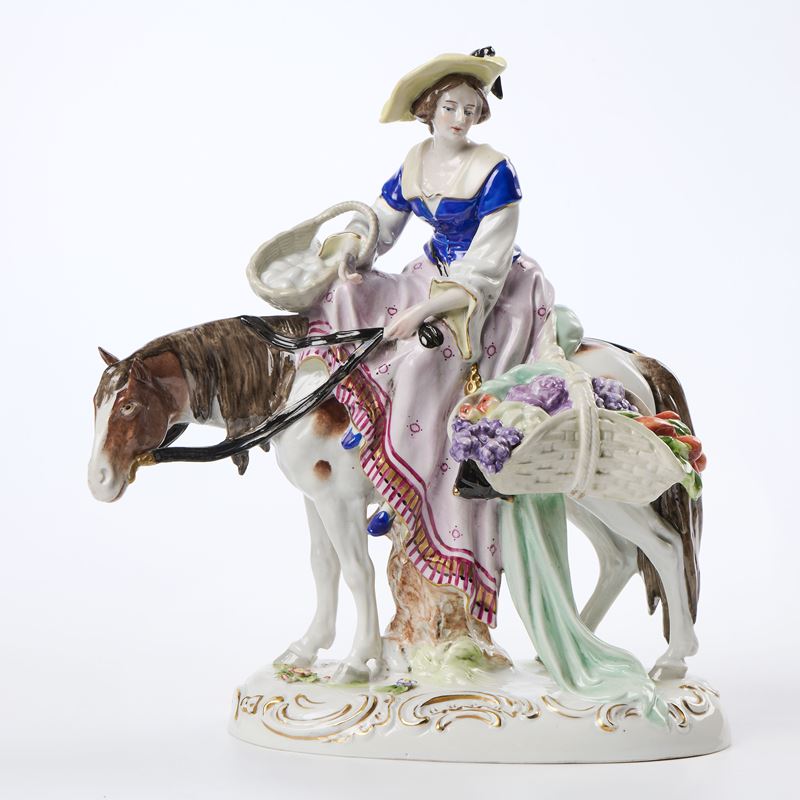 Fanciulla a cavallo con ceste di uova, frutta e verdura