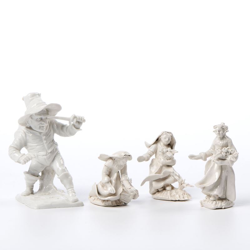 Gobbo con pugnale, due suore con abiti svolazzanti e fanciulla con cesto di mele