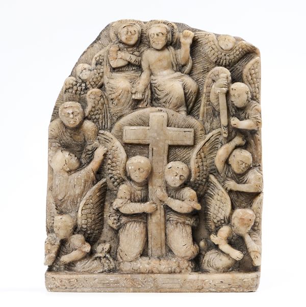Antico bassorilievo in marmo raffigurante «Adorazione della Croce»