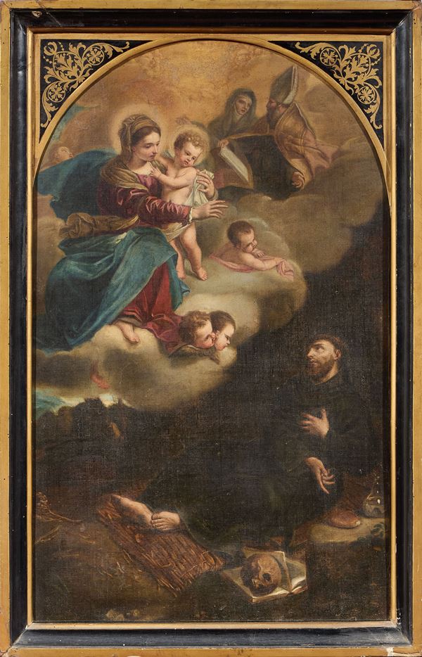 Scuola veneta del XVII secolo - Adorazione con Santi e frate francescano