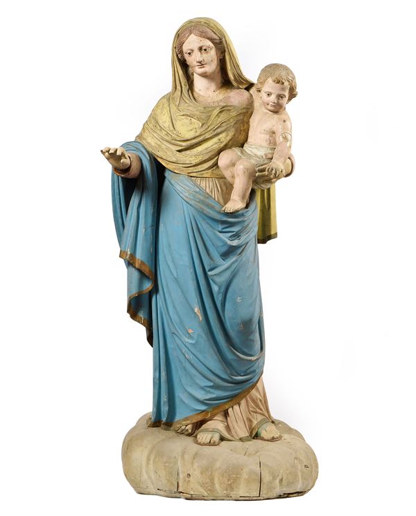 Ignoto scultore Italia centro meridionale del XIX secolo : Madonna col Bambino  - Scultura in legno policromo - Auction Forniture and Old Master Sculptures - Casa d'aste Farsettiarte