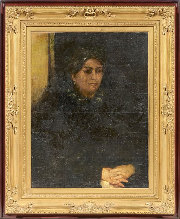 Ignoto inizio XX secolo : Ritratto di gentildonna a mani congiunte  - Olio su tela - Asta Ottocento, Postmacchiaioli e Novecento - Asta a tempo - Casa d'aste Farsettiarte