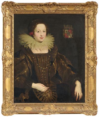 Anonimo, Ritratto di nobildonna con gorgiera a ventaglio e stemma nobiliare, olio su tela