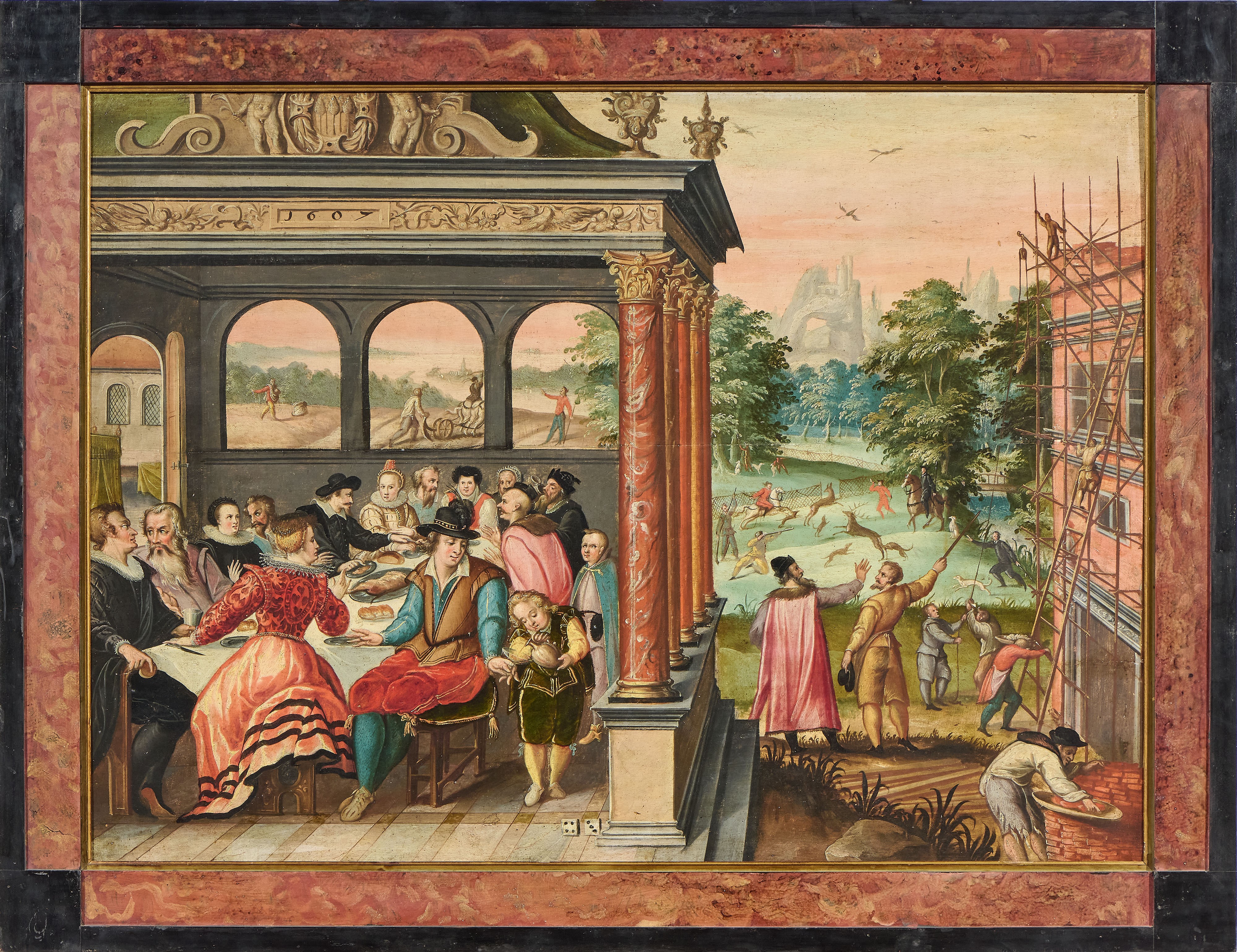 Hans Bol (attr. A) - Scena di gioco e Banchetto all’aperto, olio su tela