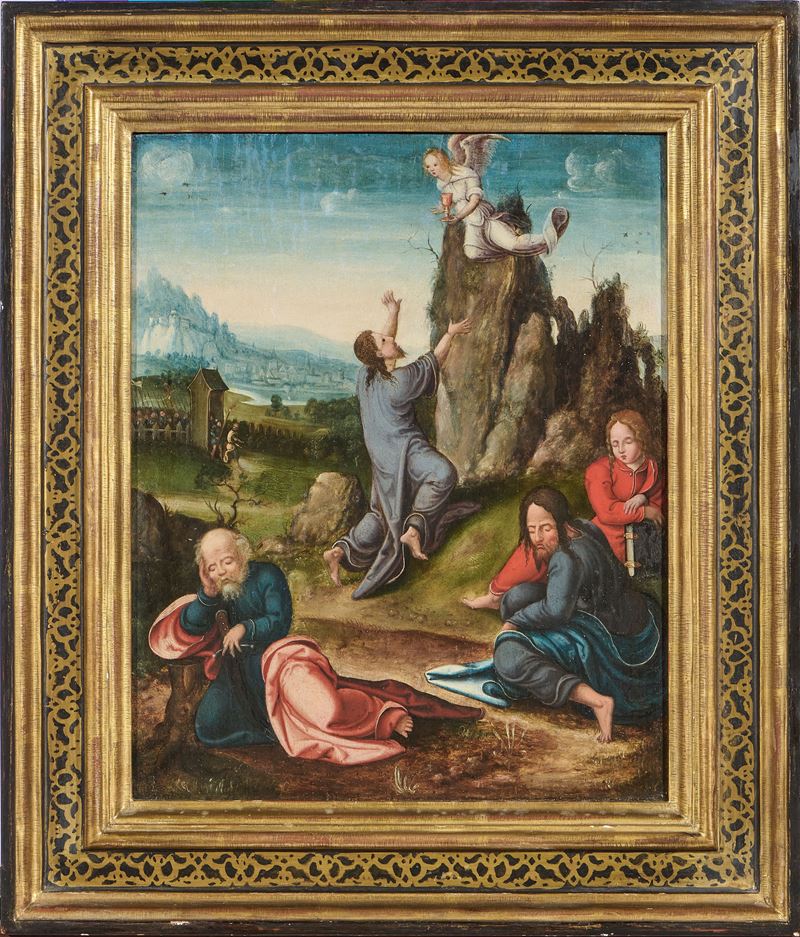 Scuola Fiamminga del XVI Secolo - Cristo nell’orto dei Getsemani, L’agonia nell’orto, olio su tav...