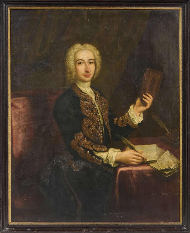 Scuola Veneta del XVIII Secolo - Bellucci (probabile), Ritratto di gentiluomo mentre scrive una l...