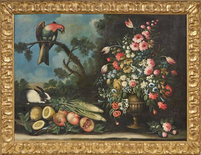 Angelo Zani, Natura morta con ortaggi, fiori, coniglio e pappagallo