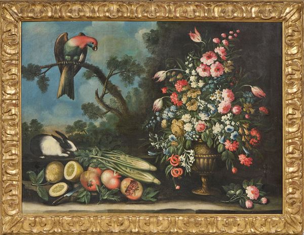 Monogrammista A.V. - Natura morta con ortaggi, fiori, coniglio e pappagallo
