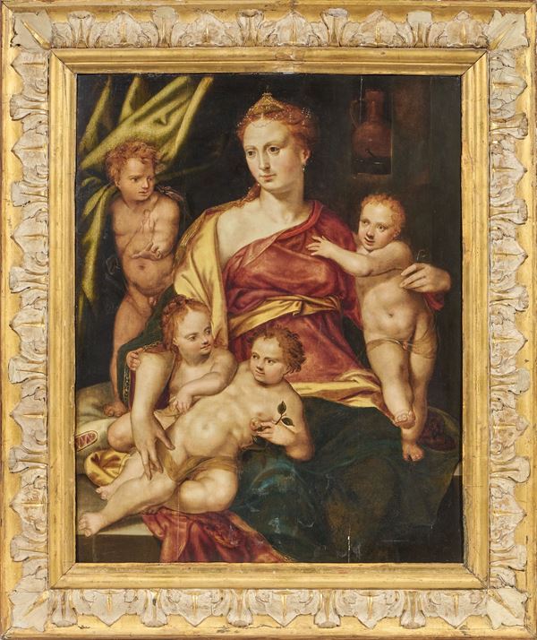 Scuola fiamminga del XVII secolo : Allegoria della Carità cristiana  - Olio su tavola - Asta Dipinti Antichi - Dipinti del XIX e XX secolo - Casa d'aste Farsettiarte