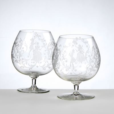 Set di sei bicchieri da cognac, vetro molato, decoro in stile veneziano