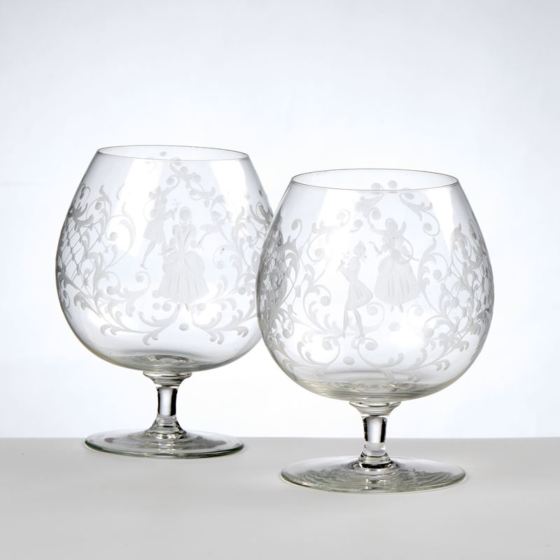 Set di sei bicchieri da cognac, vetro molato, decoro in stile veneziano