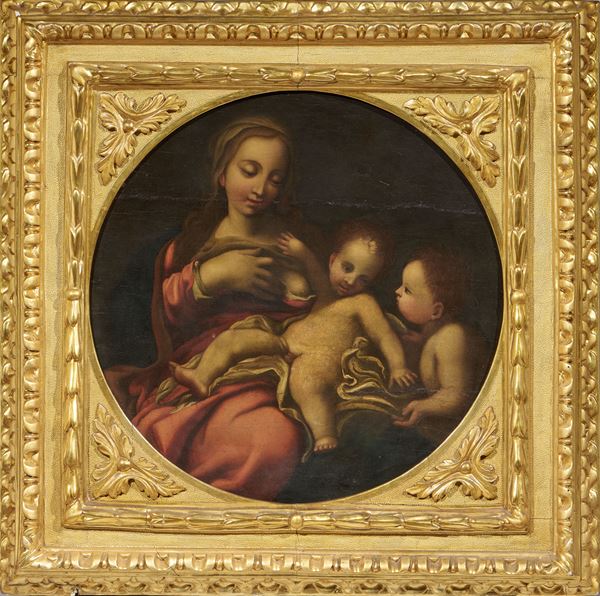 Scuola emiliana del XVII secolo : Madonna col Bambino e San Giovannino  - Olio su tavola - Asta Importanti Dipinti Antichi - Casa d'aste Farsettiarte
